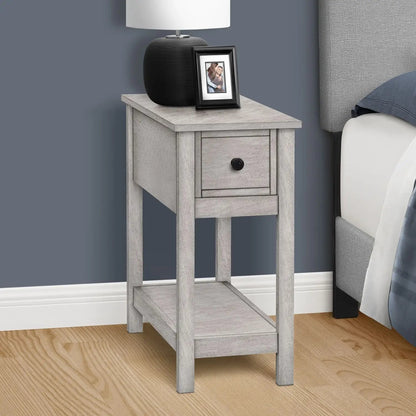 Accent end table 2-tier narrow light gray wood with storage drawer, lamp and photo frame on Tampa Home & Garden Store