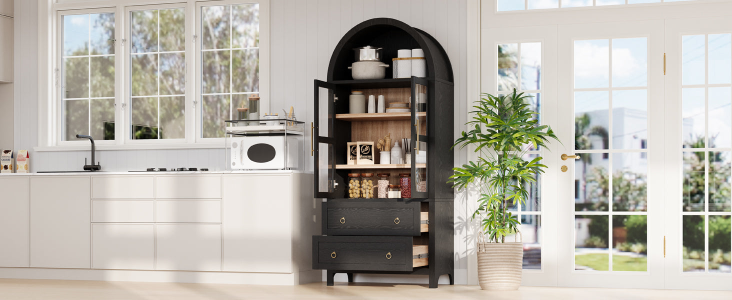 K&K 71in Tall Arched Kitchen Pantry Cabinet black with glass doors 2 drawers HouseOfZazla on Tampa Home & Garden Store