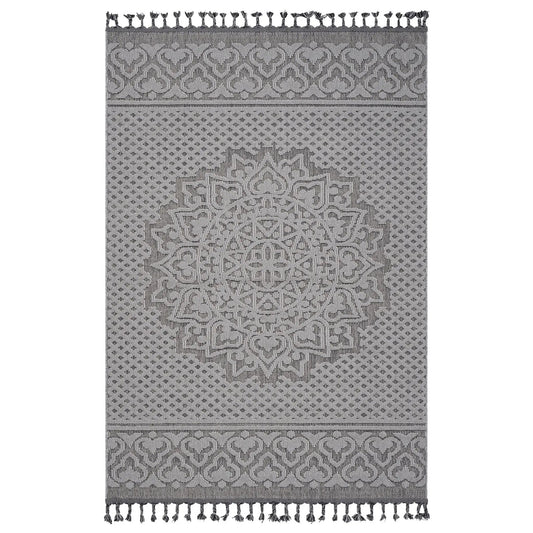 Guros medallion indoor/outdoor area rug in gray with tassel fringe and medallion motif on Tampa Home & Garden Store