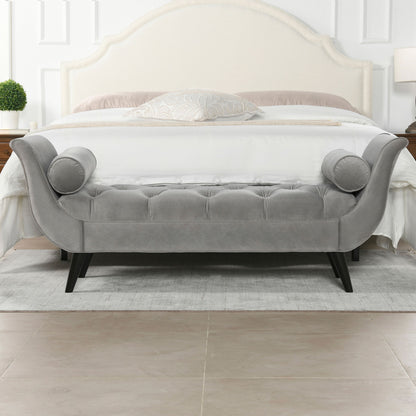 Tufted flared-arm entryway bench in gray velvet by HouseOfZazla with curved arms on Tampa Home & Garden Store