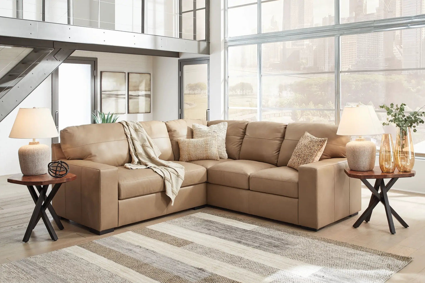 Bandon Sectional by Unique Piece Furniture, tan leather stationary sofa in a modern living room on Tampa Home & Garden Store