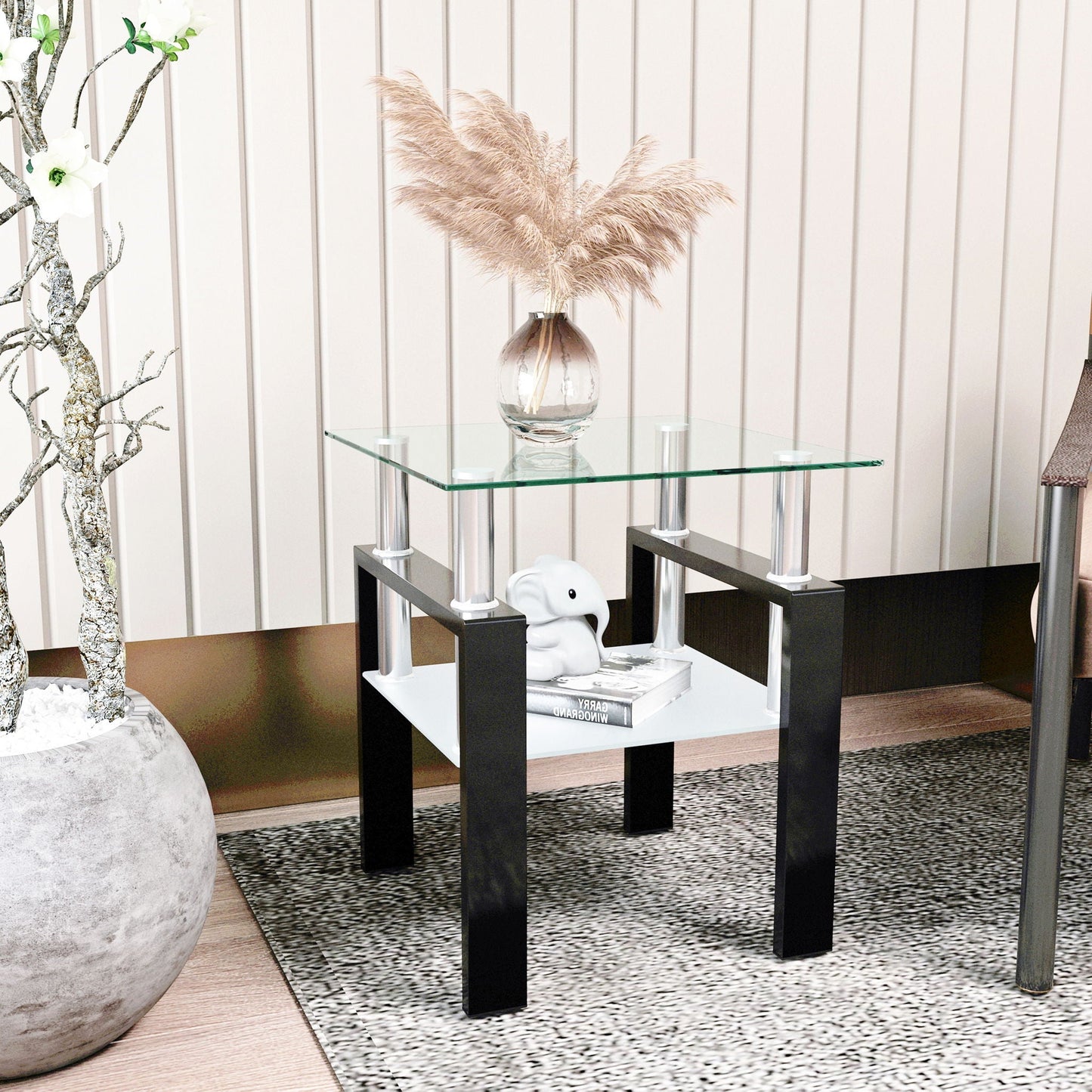 Modern tempered glass end table with black square legs pampas grass vase, Unique Piece Furniture on Tampa Home & Garden Store