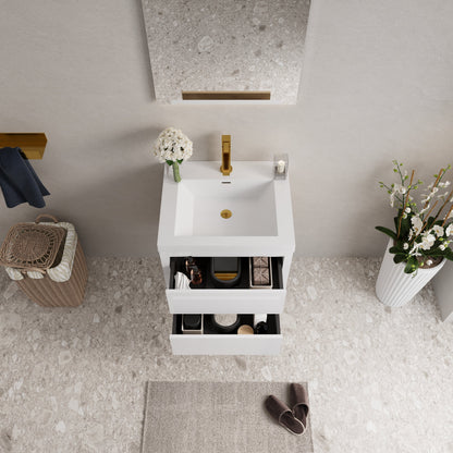 24-inch wall-mounted bathroom vanity with sink and storage cabinet in white with gold faucet fixtures on Tampa Home & Garden Store