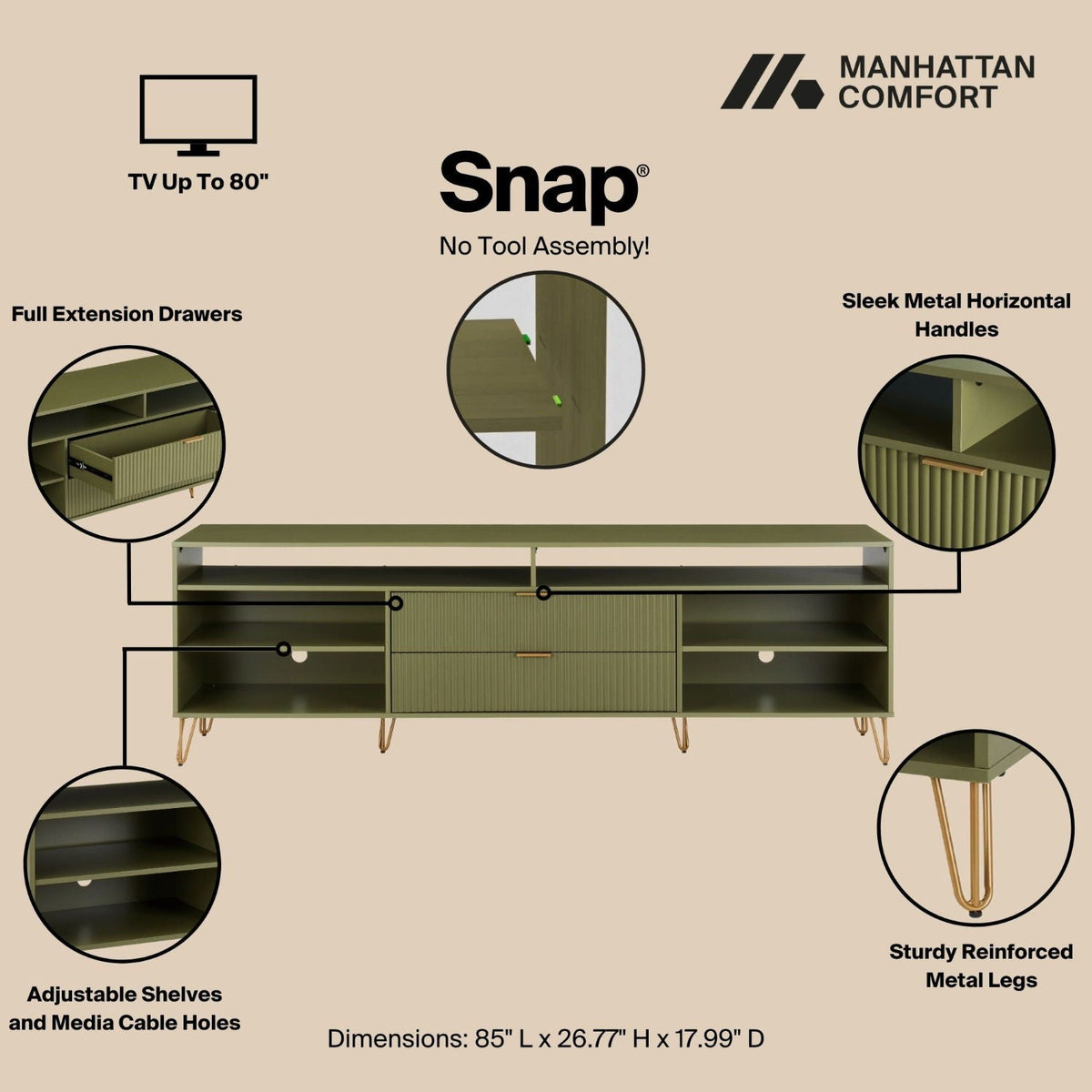 Fluted olive-green TV stand with storage drawers and metal legs on Tampa Home & Garden Store