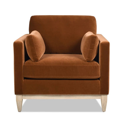 Knox Modern Farmhouse Arm Chair caramel velvet upholstery with two pillows and light wood legs on Tampa Home & Garden Store