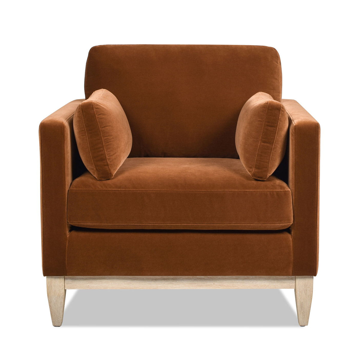 Modern Farmhouse Arm Chair in burnt orange velvet with reversible cushions and light wood legs on Tampa Home & Garden Store