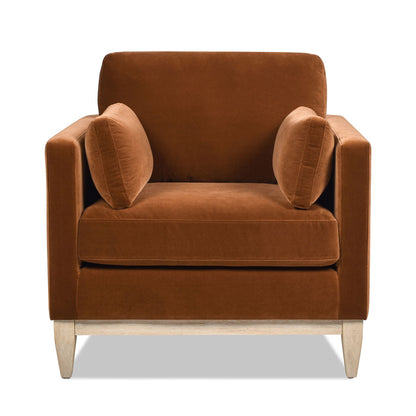 Modern Farmhouse Arm Chair in burnt orange velvet with reversible cushions and light wood legs on Tampa Home & Garden Store