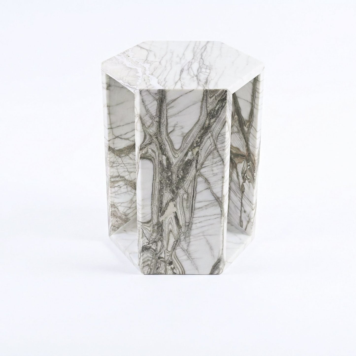 Modern Minimalist Hexagon Side Table in white marble with grey veining, geometric open-frame on Tampa Home & Garden Store