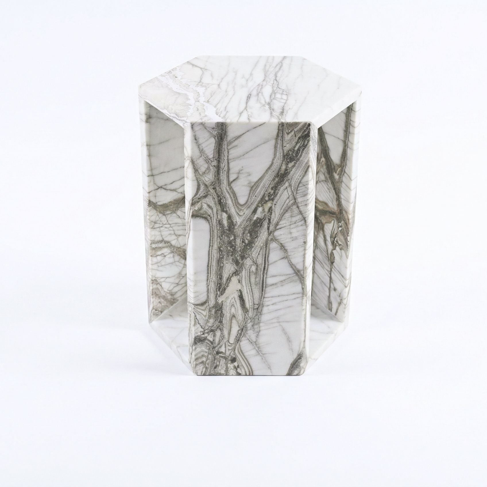 Modern Minimalist Hexagon Side Table in white marble with grey veining, geometric open-frame on Tampa Home & Garden Store