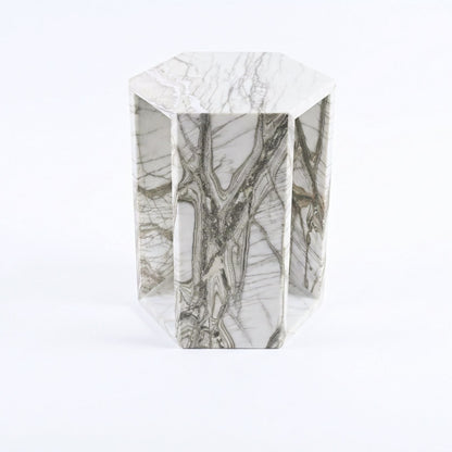 Modern Minimalist Hexagon Side Table in white marble with grey veining, geometric open-frame on Tampa Home & Garden Store