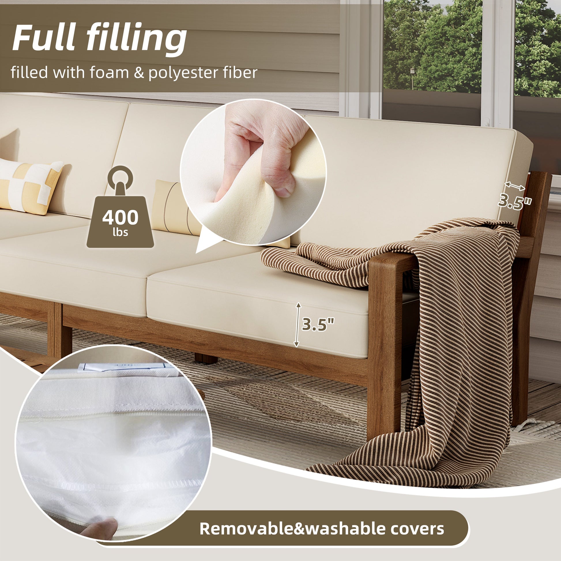 Outdoor L-Shaped 3-Piece Acacia Wood Patio Sofa Set by HouseOfZazla with beige cushions on Tampa Home & Garden Store