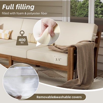 Outdoor L-Shaped 3-Piece Acacia Wood Patio Sofa Set by HouseOfZazla with beige cushions on Tampa Home & Garden Store