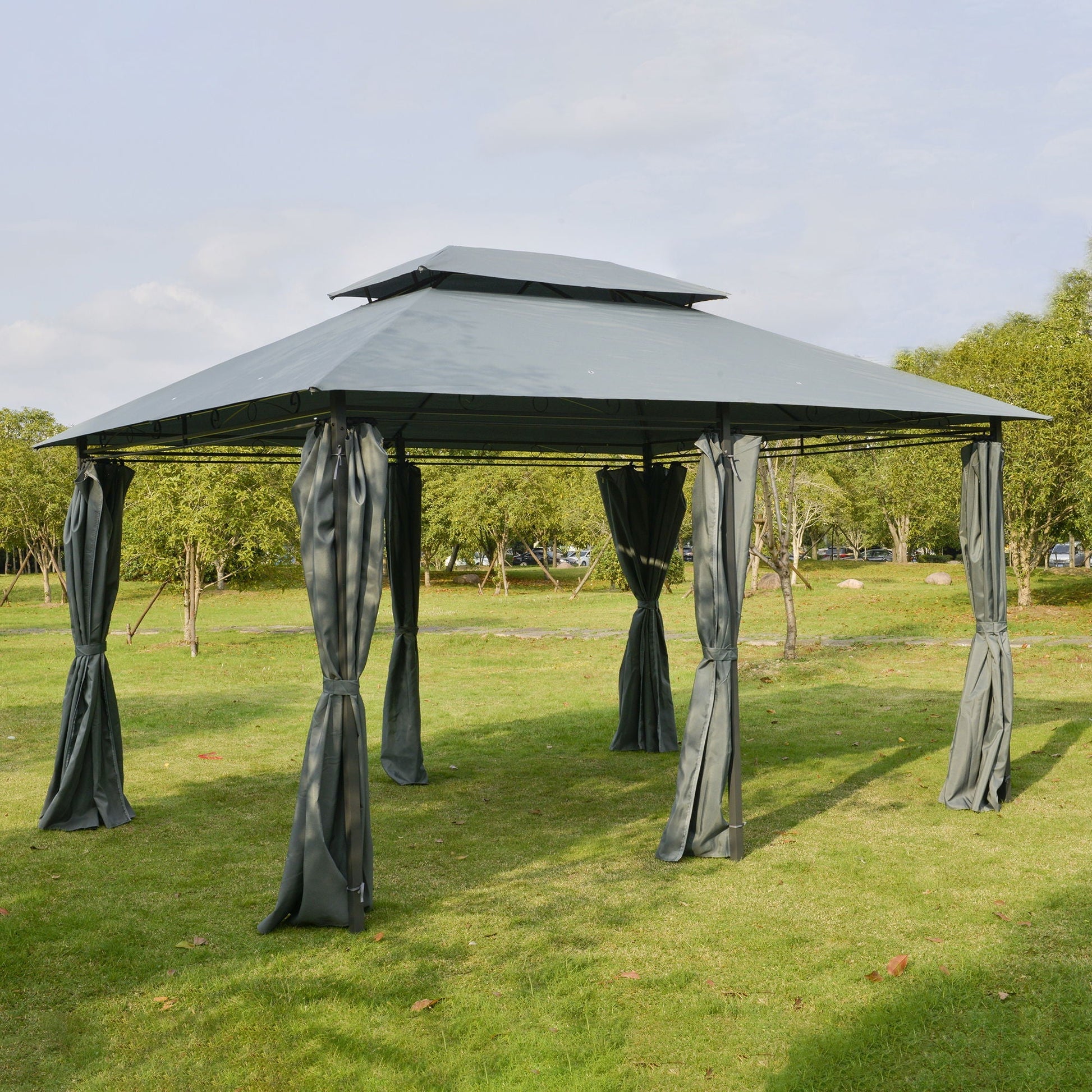 Outsunny patio gazebo with sage gray canopy, vented roof, and curtains on a steel frame on Tampa Home & Garden Store