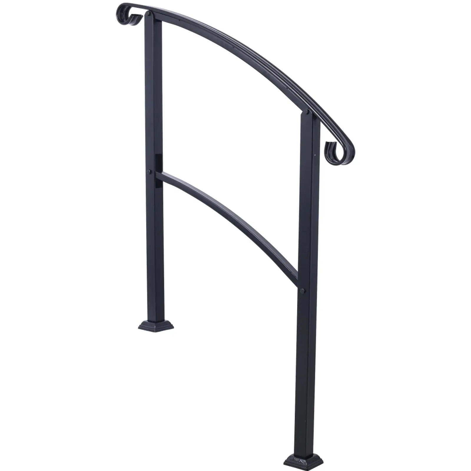 Black metal outdoor stair hand rail for 1 or 3 steps with curved top rail and vertical posts on Tampa Home & Garden Store