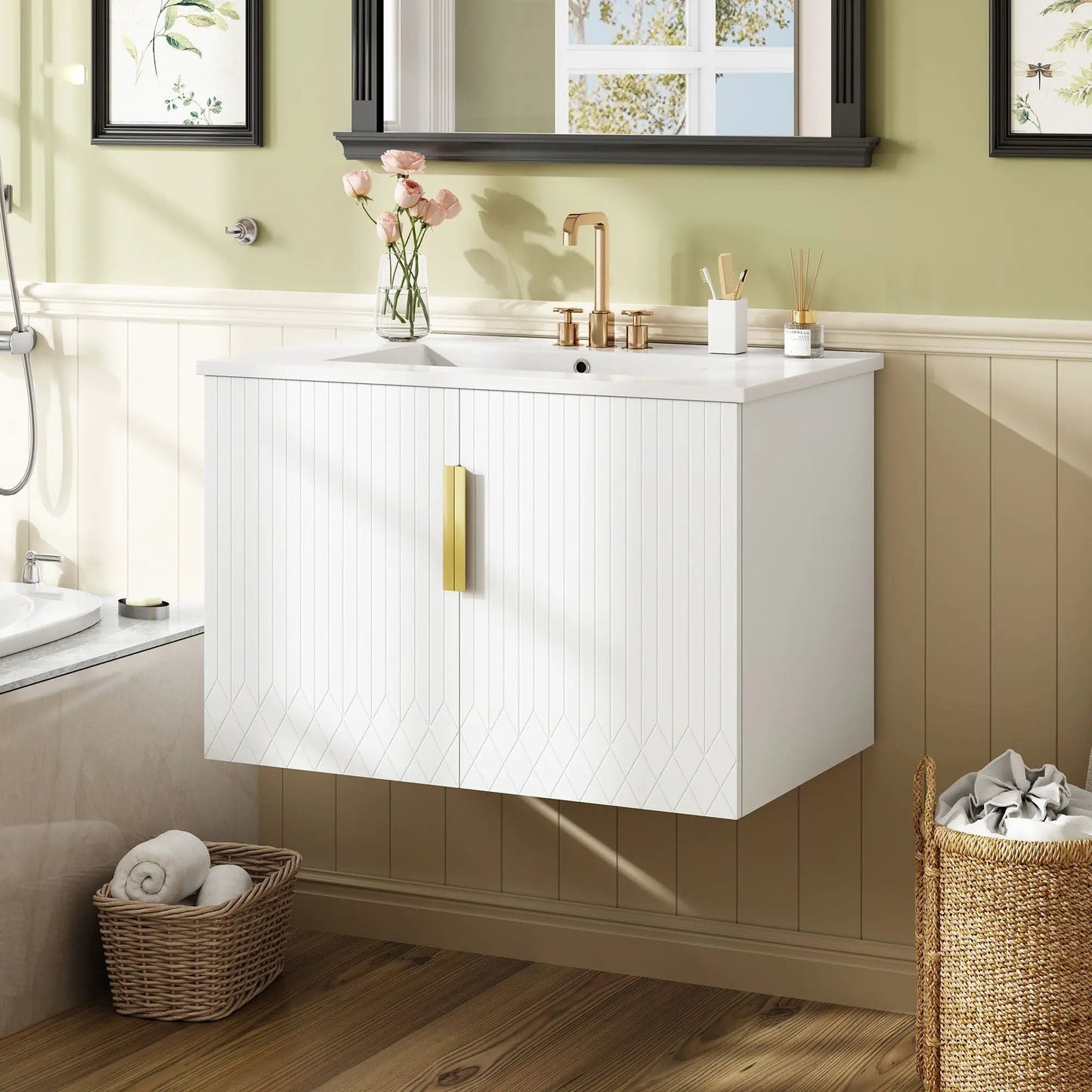 Bathroom vanity with sink, white cabinet, gold faucet, 2 soft-closing doors on Tampa Home & Garden Store