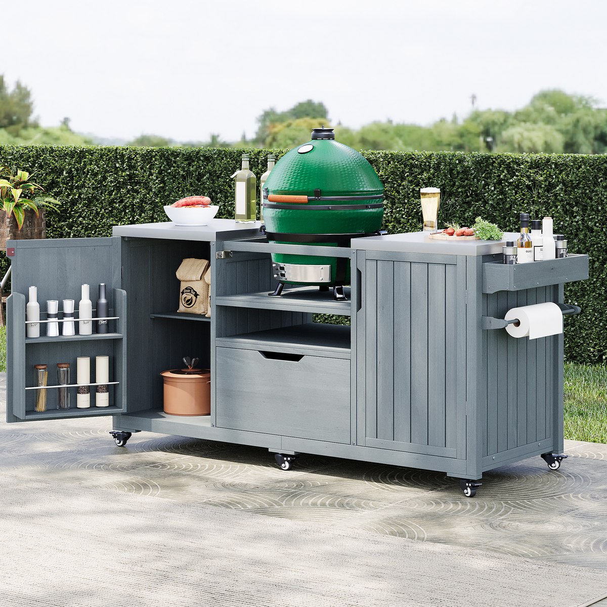 K&K 66.5in outdoor kitchen island with green Big Green Egg grill, gray cabinetry, prep area on Tampa Home & Garden Store