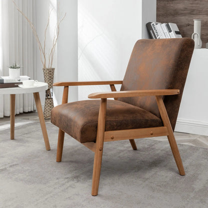 Wide Arm Chair - Light Brown leather-style upholstery with natural wood arms on Tampa Home & Garden Store