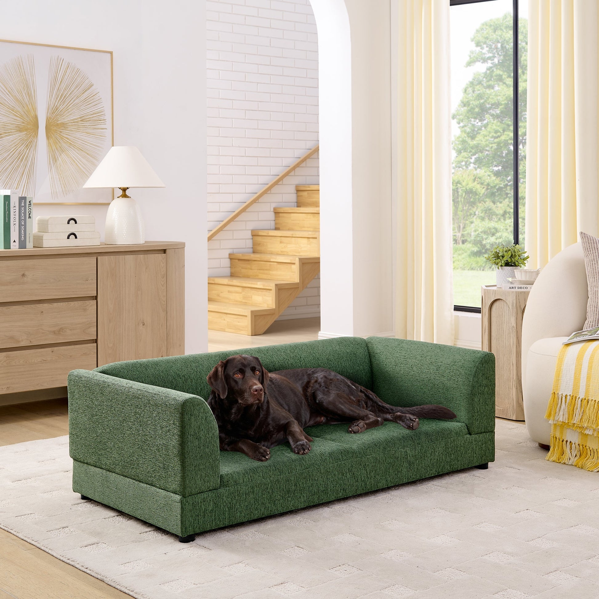Comfortable Oversized Pet Sofa for Medium/Large Dogs in green with dog lounging on it on Tampa Home & Garden Store