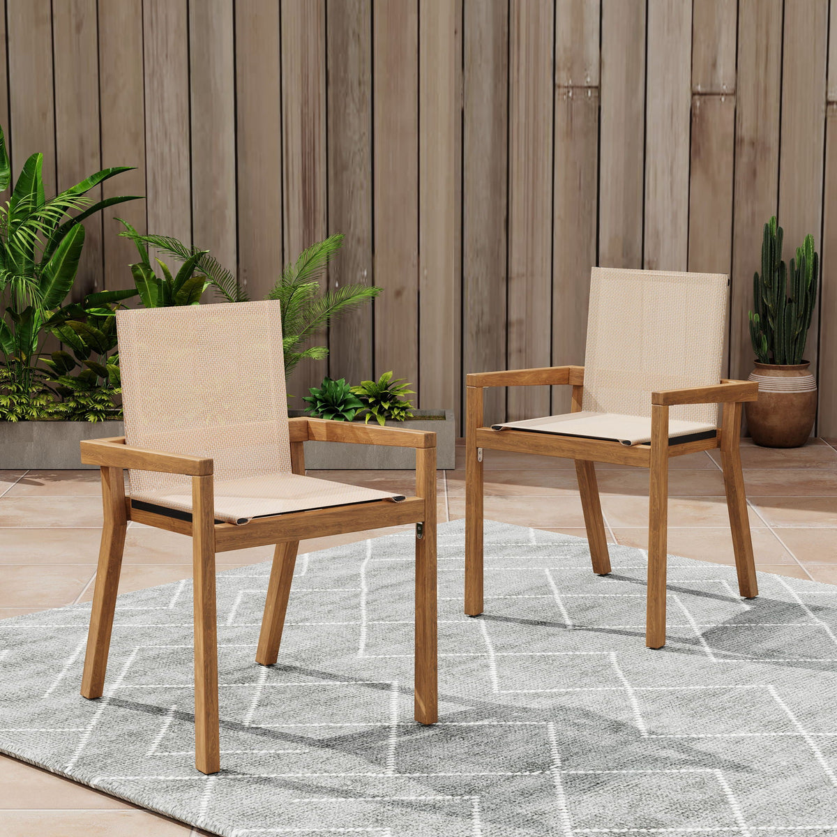 Belfast dining chair set with mesh seating, natural acacia wood frame for outdoor use, set of 2 on Tampa Home & Garden Store