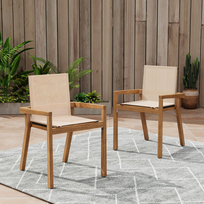 Belfast dining chair set with mesh seating, natural acacia wood frame for outdoor use, set of 2 on Tampa Home & Garden Store
