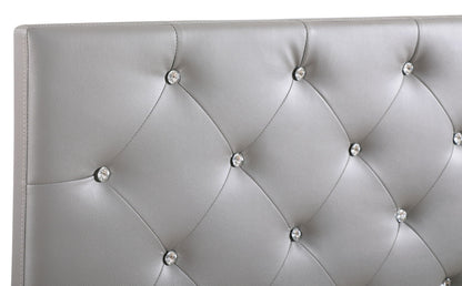 Upholstered headboard with diamond tufting and crystal button accents in gray faux leather on Tampa Home & Garden Store