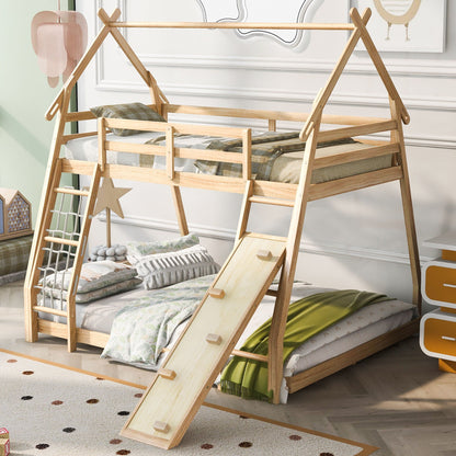 Twin over Queen bunk bed with climbing nets and ramp in natural wood by HouseOfZazla on Tampa Home & Garden Store