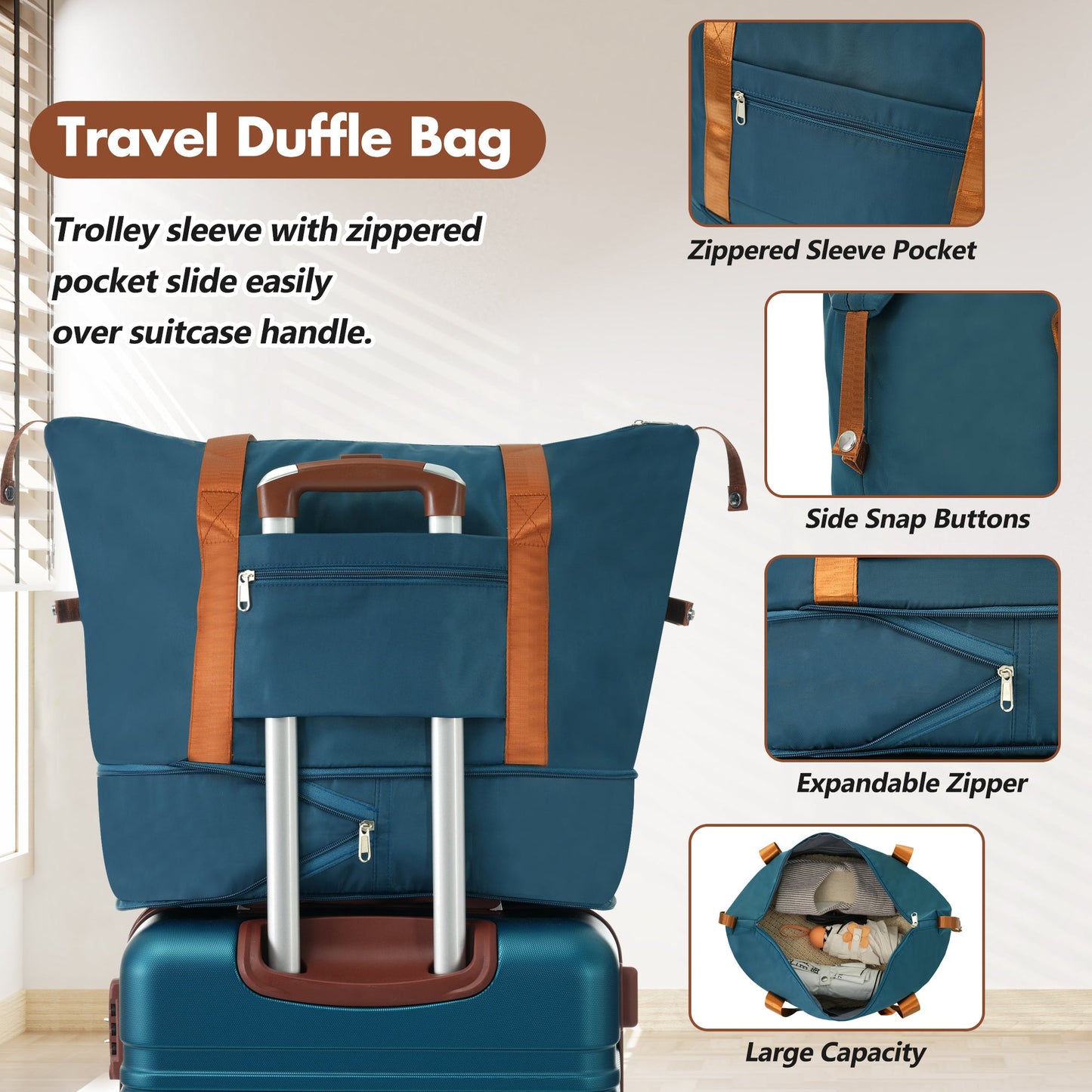 Travel Duffle Bag blue fabric with orange straps and trolley handle on Tampa Home & Garden Store