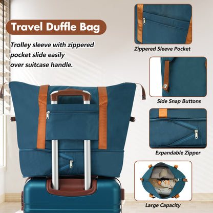 Travel Duffle Bag blue fabric with orange straps and trolley handle on Tampa Home & Garden Store