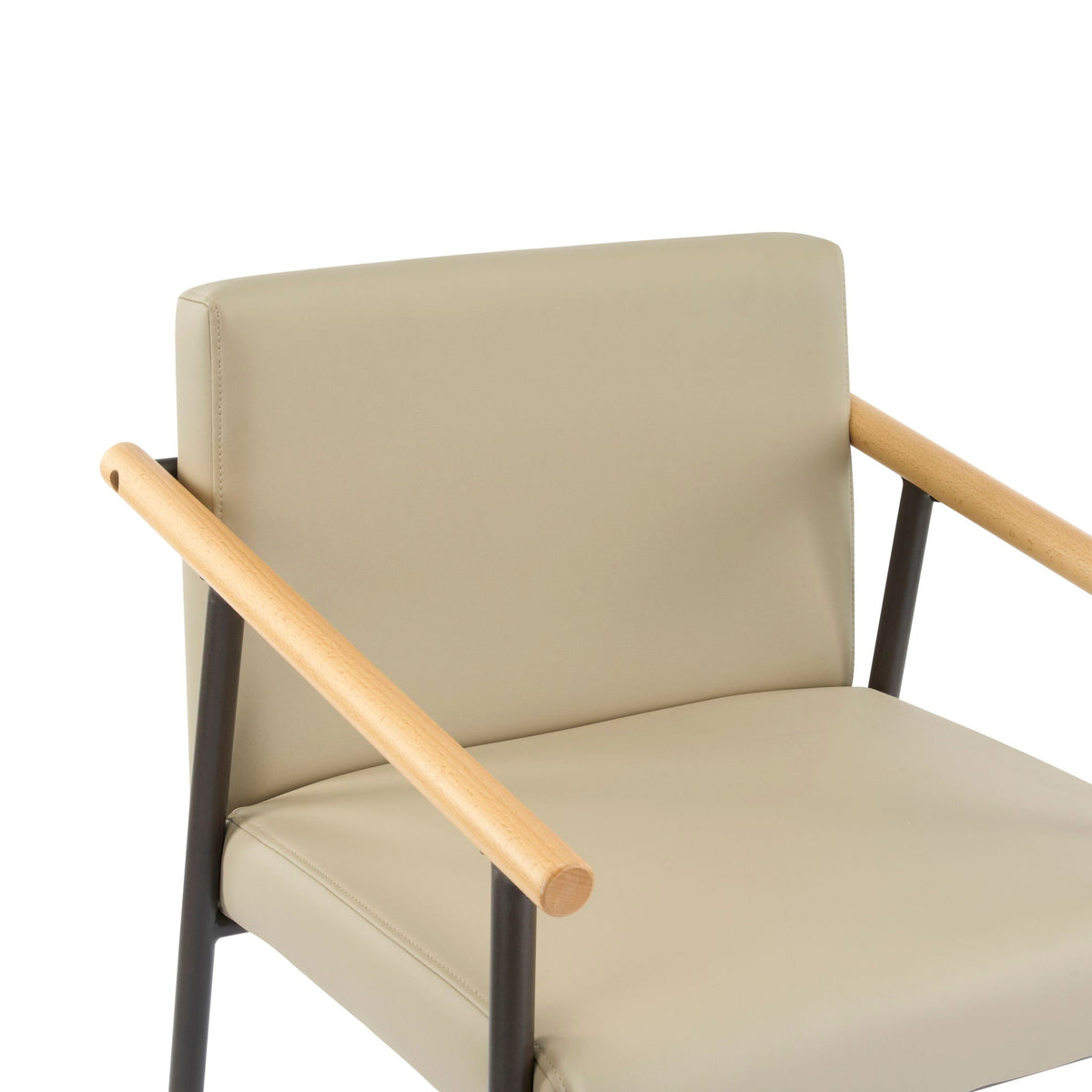 Mid Century Modern Counter Stool khaki leather with wood armrests and dark metal legs on Tampa Home & Garden Store