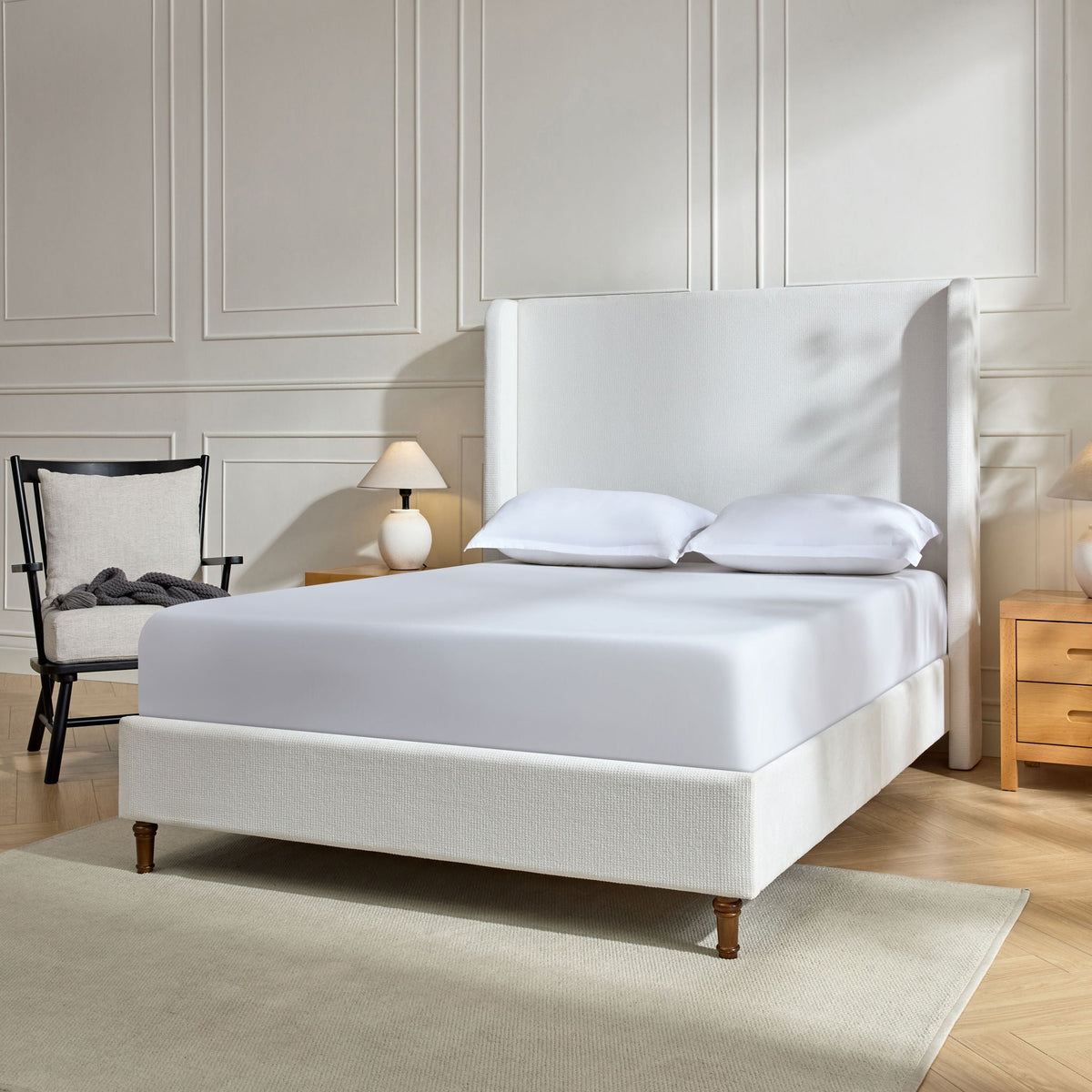 Harper Tall Headboard Upholstered Bed by HouseOfZazla in light gray fabric, no box spring needed on Tampa Home & Garden Store