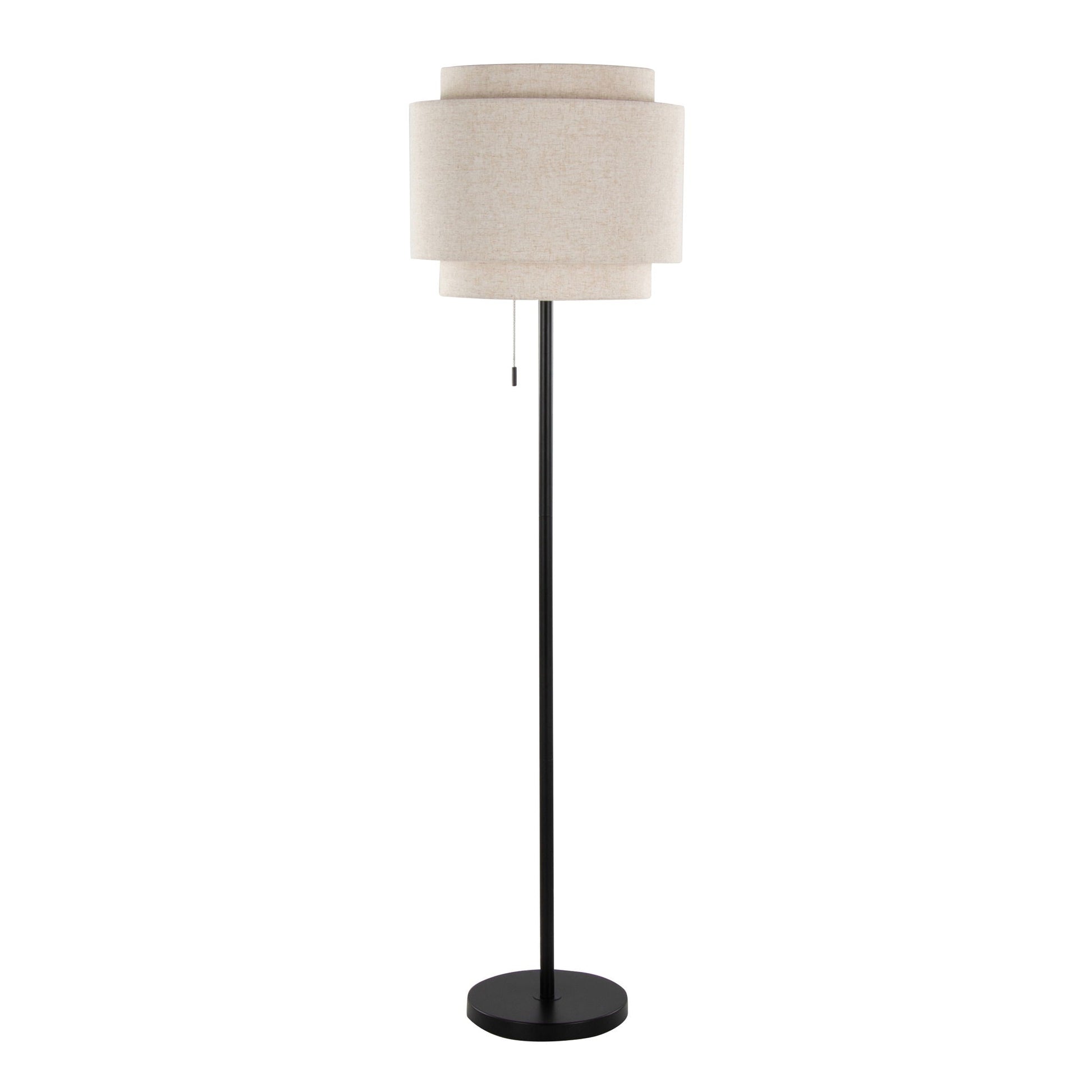Tier - Contemporary Floor Lamp with beige fabric double-tier shade, pull chain, black base HouseOfZazla on Tampa Home & Garden Store