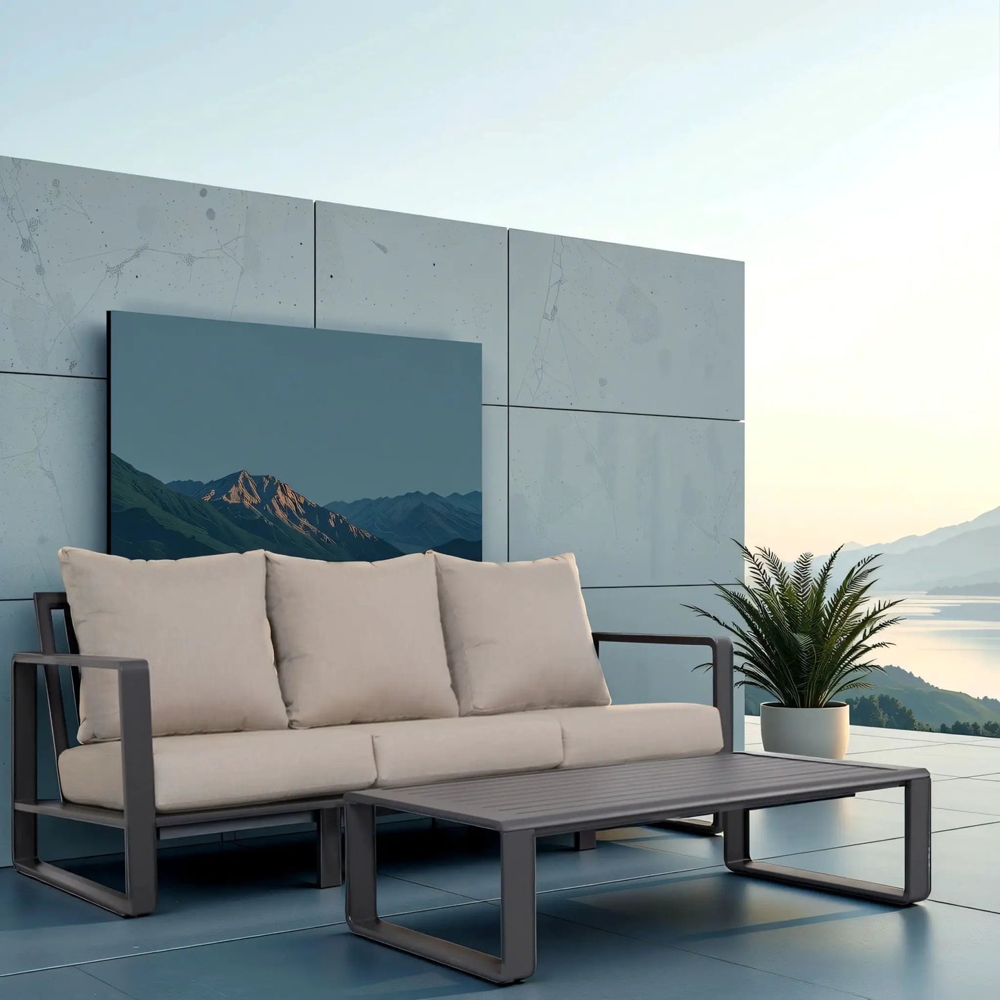 Durable outdoor sofa with rectangular coffee table 2-piece set beige cushions gray metal frames on Tampa Home & Garden Store