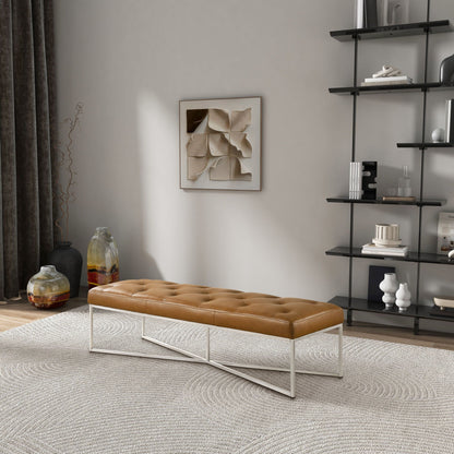 Harper Bench tan leather upholstery with solid teak frame and metal legs in modern living room on Tampa Home & Garden Store