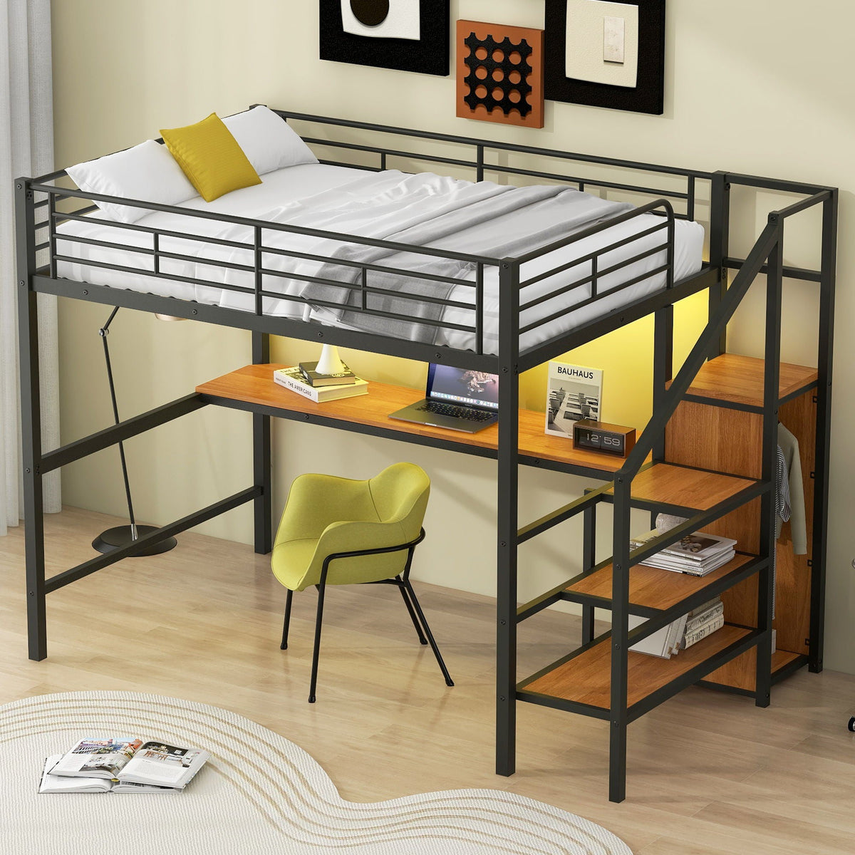 Loft bed with desk, storage staircase and wardrobe in black metal with LED light by HouseOfZazla on Tampa Home & Garden Store