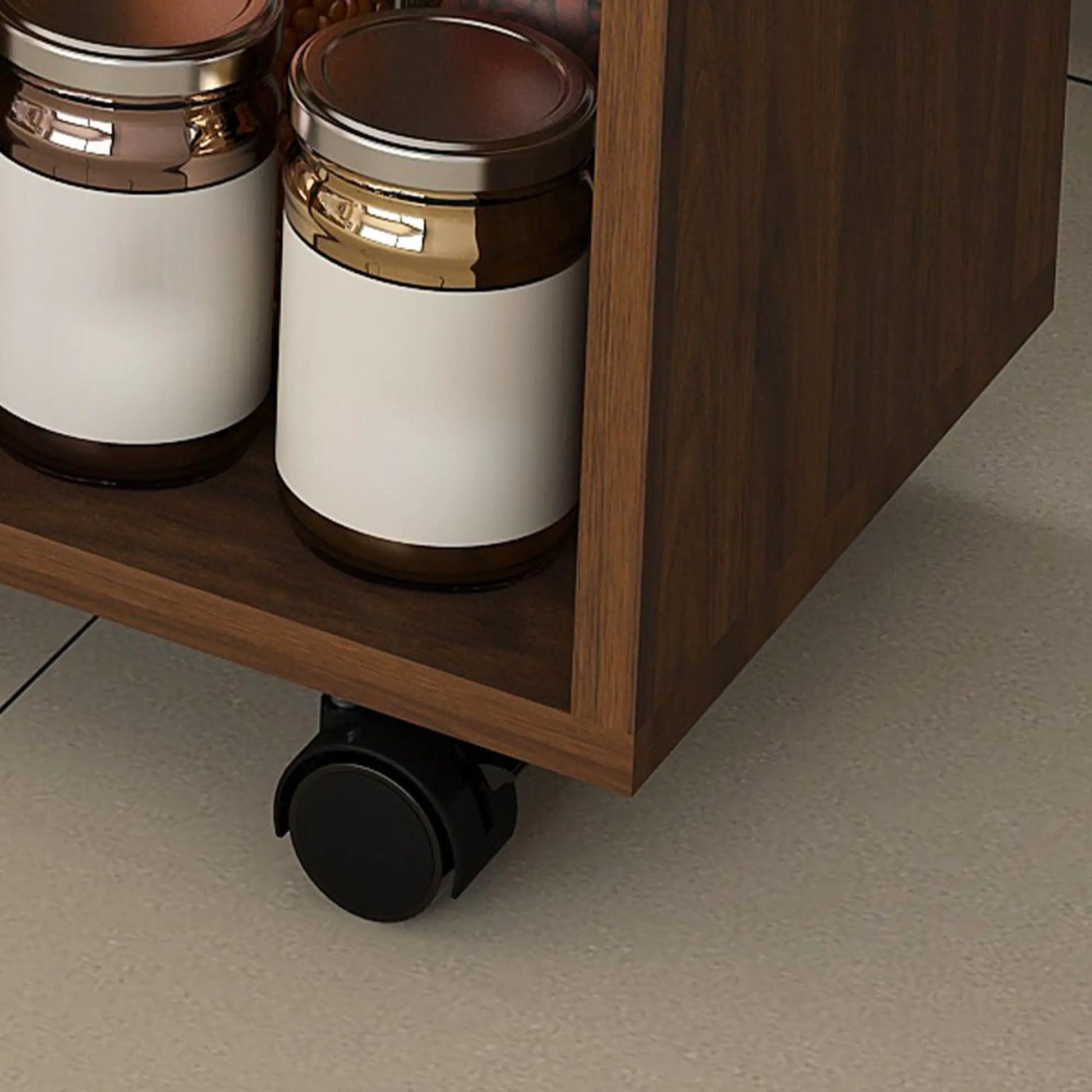 Islands storage unit with white canisters and copper lids on a wood frame with wheels on Tampa Home & Garden Store