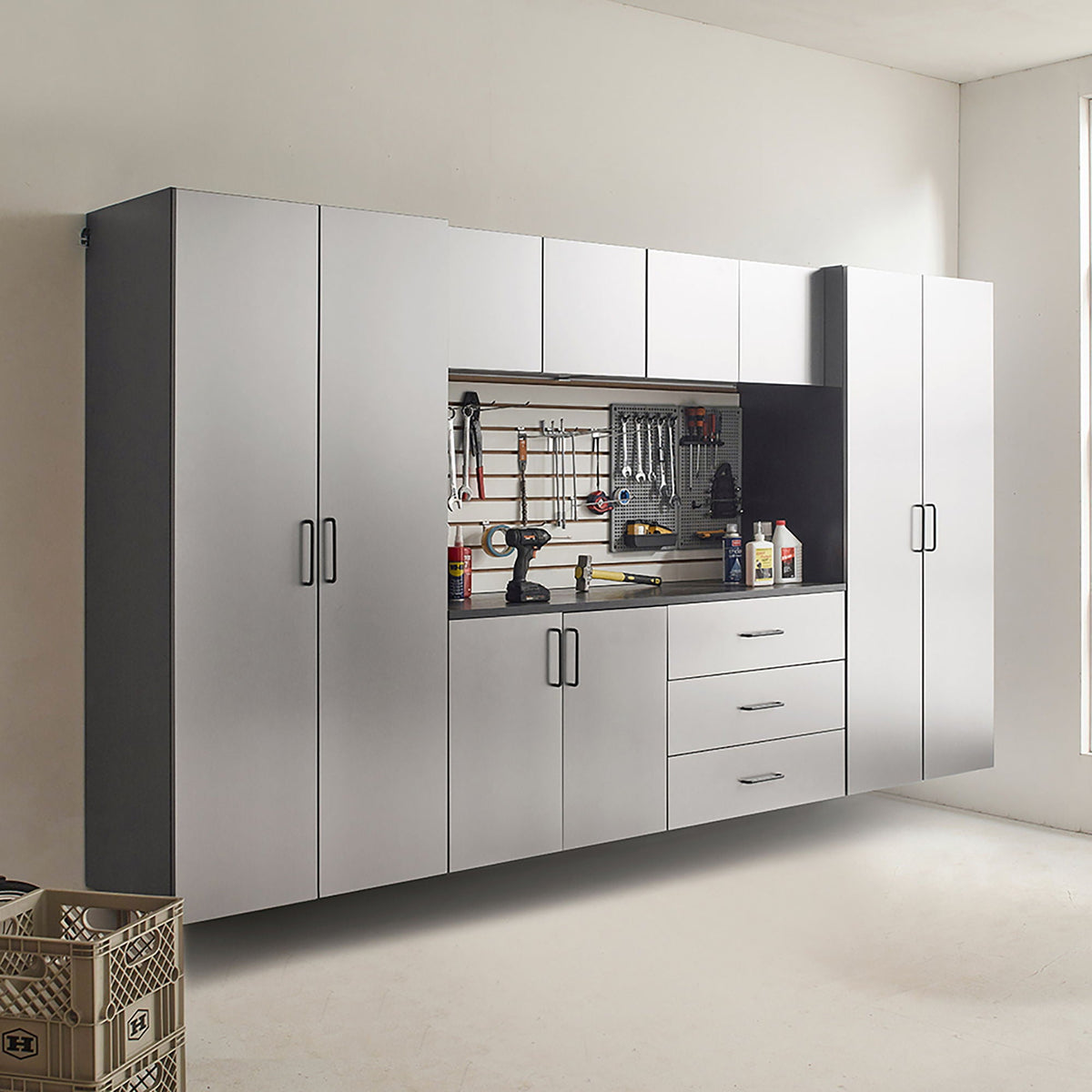 HouseOfZazla wall-mounted storage cabinet in metallic gray with soft-close white doors on Tampa Home & Garden Store