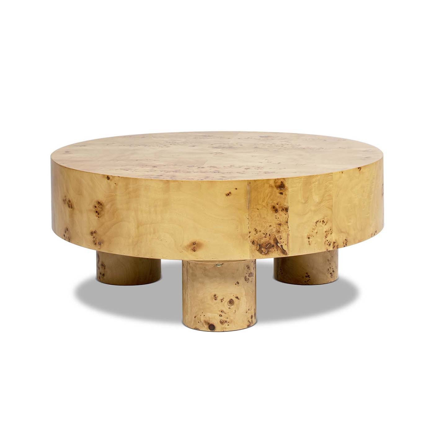 Nebula 35.5-in round burl wood coffee table with three pillar legs warm natural brown on Tampa Home & Garden Store