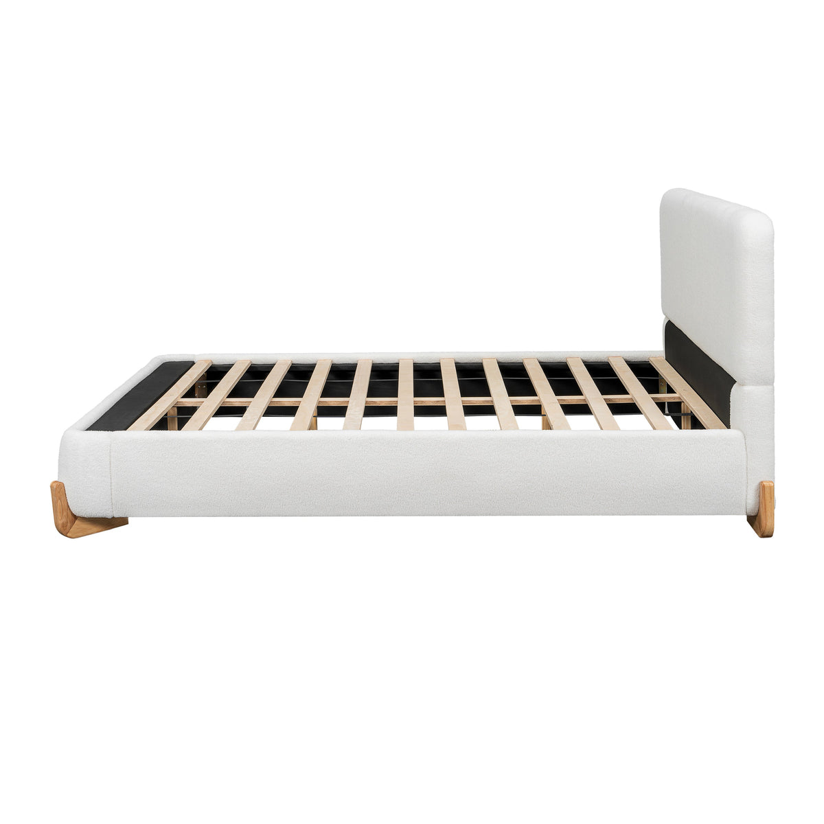 Elegant Boucle Upholstered Bed Queen Size in boucle fabric with headboard and wooden legs on Tampa Home & Garden Store