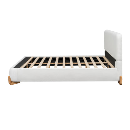 Elegant Boucle Upholstered Bed Queen Size in boucle fabric with headboard and wooden legs on Tampa Home & Garden Store