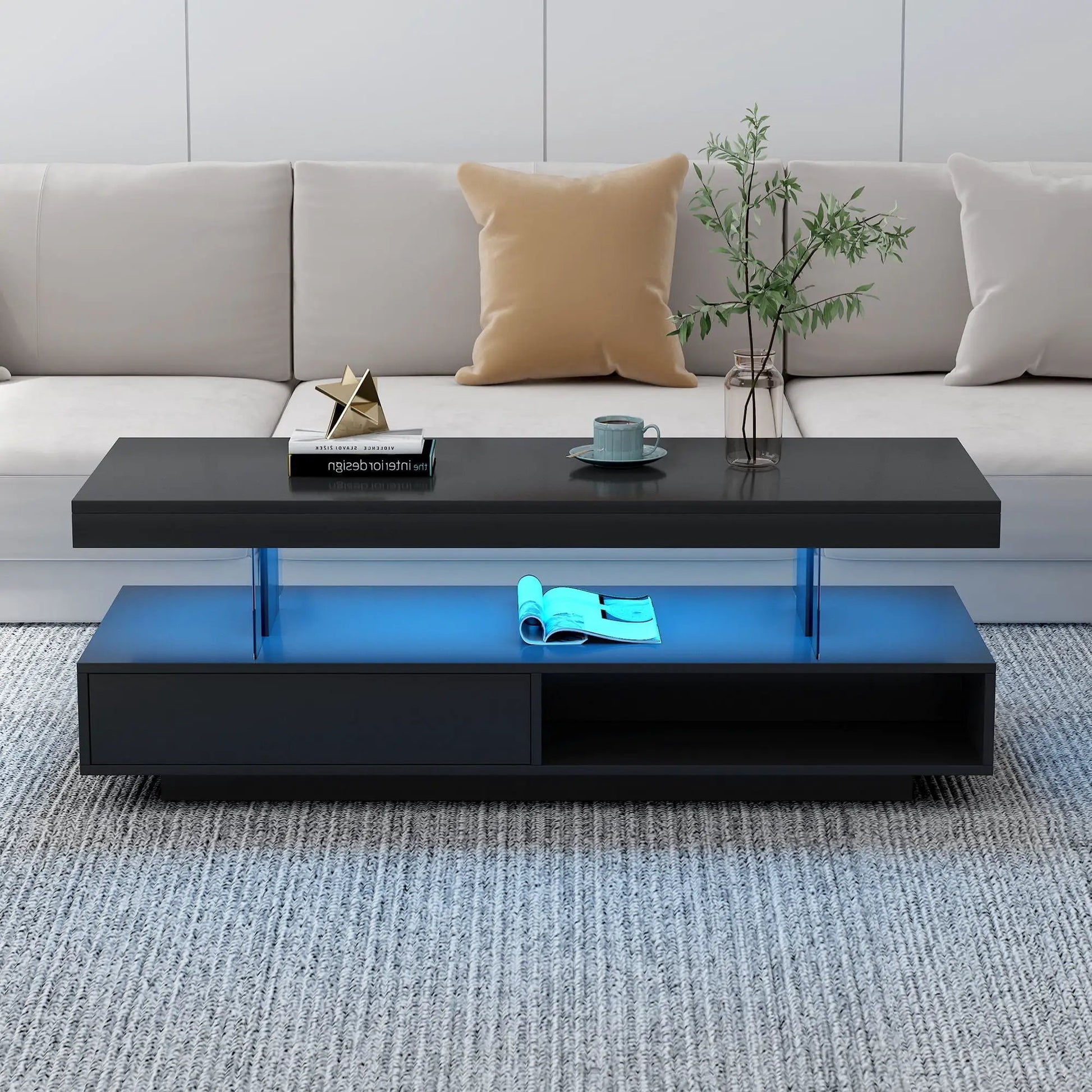 LED coffee table with 2 drawers and display shelves, black finish with blue glow on Tampa Home & Garden Store