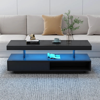 LED coffee table with 2 drawers and display shelves, black finish with blue glow on Tampa Home & Garden Store