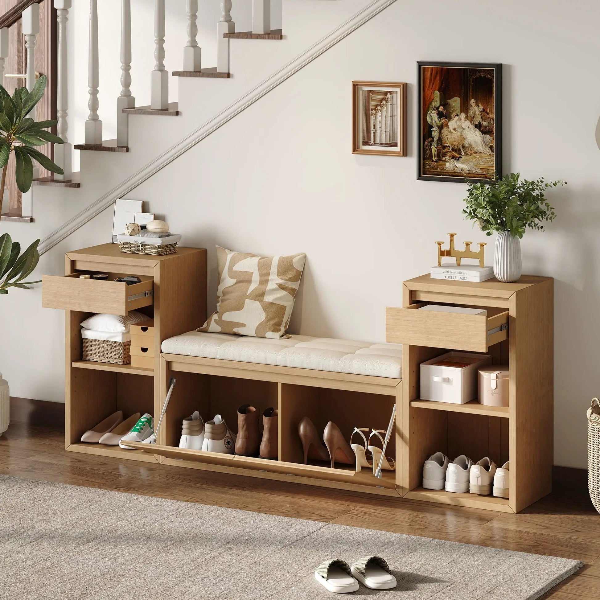 Two entryway storage benches with cushion, drawers and shelves by Unique Piece Furniture on Tampa Home & Garden Store