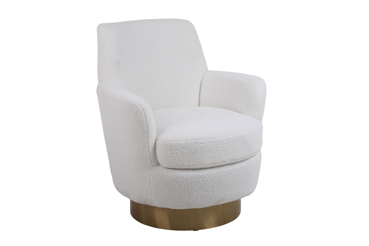 Teddy swivel barrel chair in white sherpa fabric with a wood pedestal base on Tampa Home & Garden Store