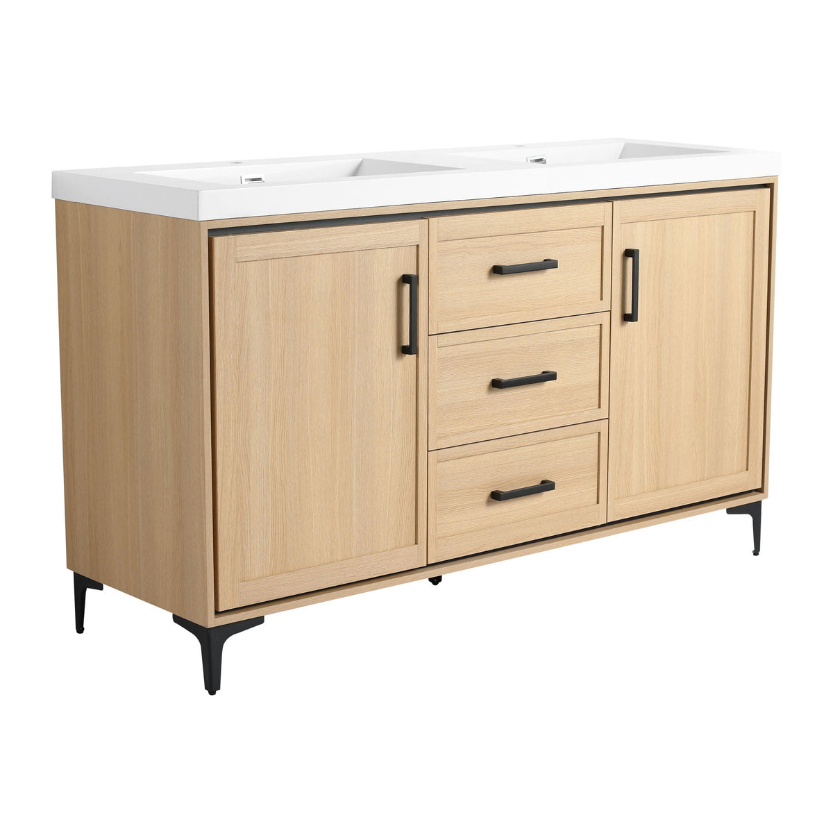 60in Freestanding Bathroom Vanity with Double Resin Sinks in Oak, white top, black hardware on Tampa Home & Garden Store