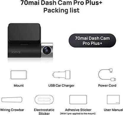 70mai Dash Cam Pro Plus+ black packing list incl mount, USB charger, power cord, stickers on Tampa Home & Garden Store
