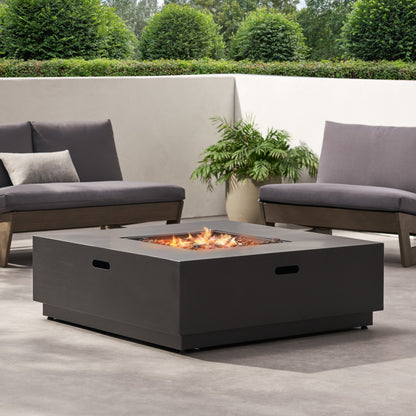 39'' square iron fire pit, 50,000 BTU, black finish with embers, outdoor lounge seating on Tampa Home & Garden Store