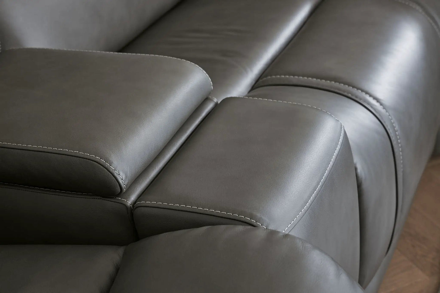 5Z Pittson power reclining sectional in dark gray leather with contrast stitching on Tampa Home & Garden Store