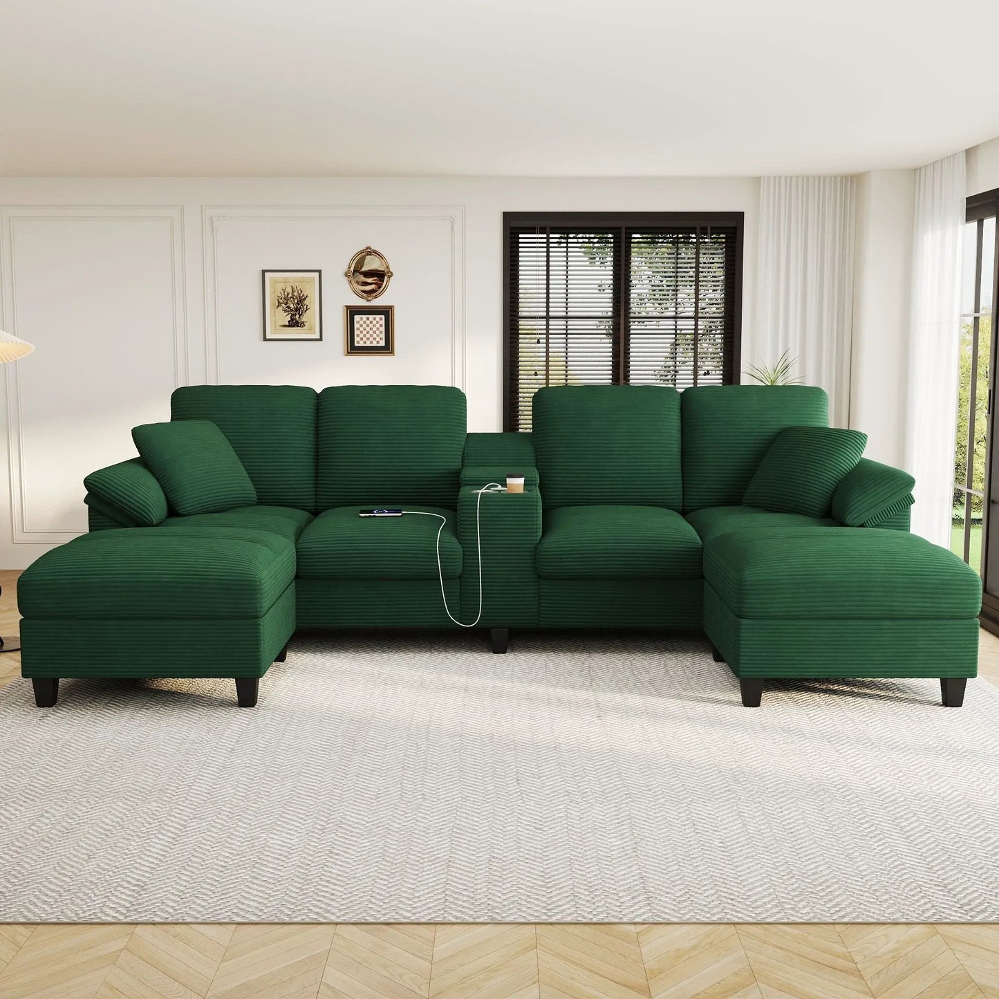 Modern U-Shaped sectional sofa with storage ottomans, green fabric, set by Unique Piece Furniture on Tampa Home & Garden Store