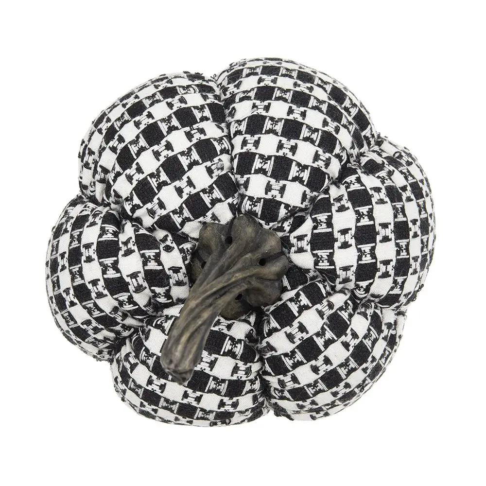 Plaid Pumpkin Decor sculpture in black and white fabric with a dark stem on Tampa Home & Garden Store