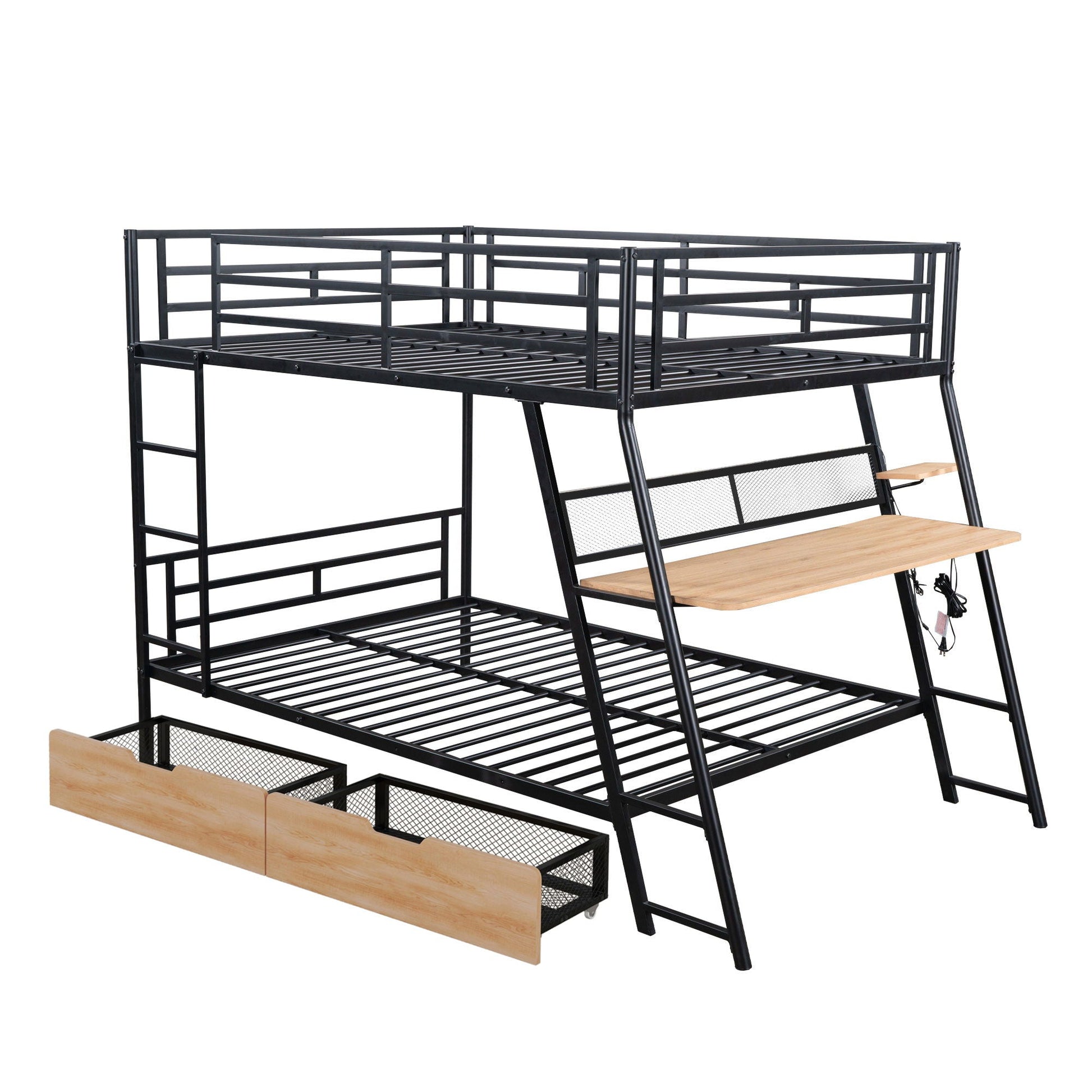 Full size bunk bed with built-in desk in black metal; light wood desk surface and 2 drawers on Tampa Home & Garden Store
